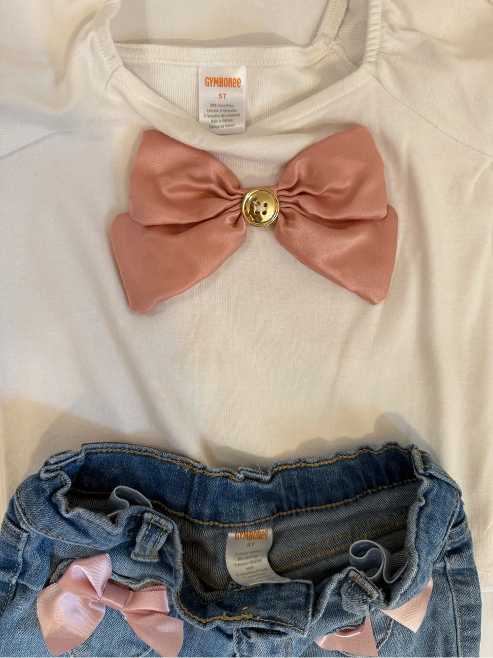 Gymboree White Top with Pink Bow & Pink Skort and Denim Jeans Set